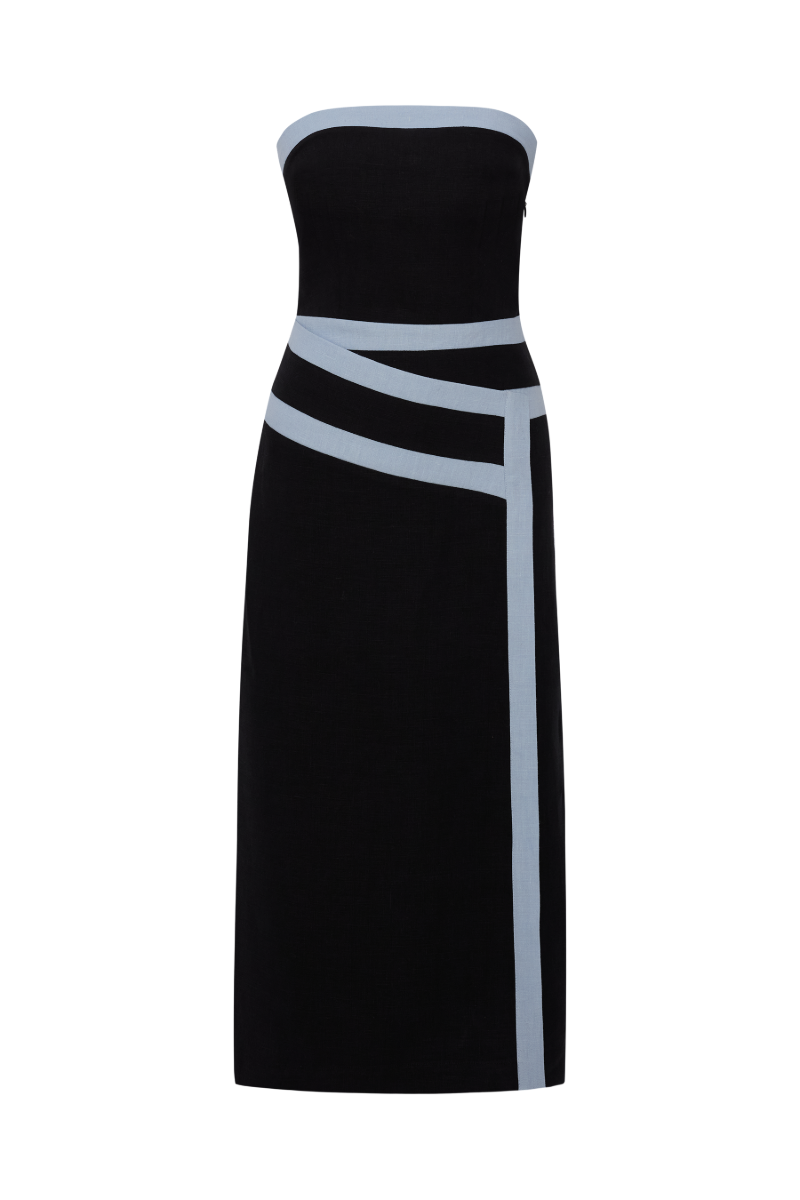 ROBE BUSTIÈRE EN LIN NOIR À BANDES ELENA