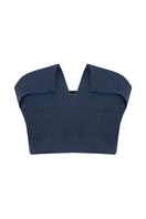 Labeca navy linen crop top with fringe detailing and V-neck design, perfect for casual summer wear.