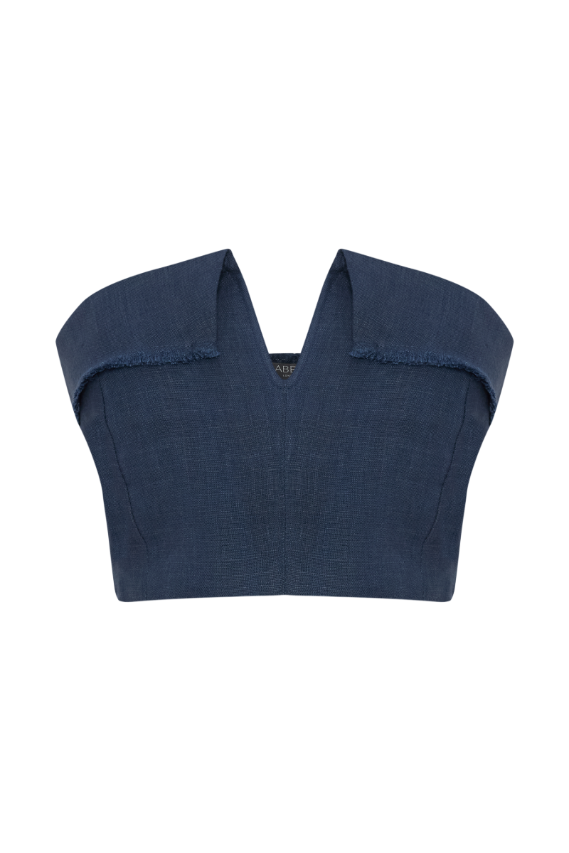 Labeca navy linen crop top with fringe detailing and V-neck design, perfect for casual summer wear.