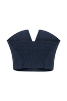 Navy linen fringe V-neck crop top by Labeca, featuring a relaxed fit and stylish fringe detailing on the hem.