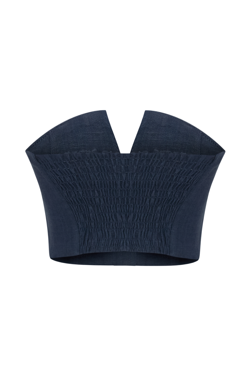 Navy linen fringe V-neck crop top by Labeca, featuring a relaxed fit and stylish fringe detailing on the hem.
