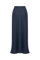 Labeca Clara Indigo linen maxi skirt displayed, featuring lightweight fabric and flowing design perfect for casual or elegant wear.