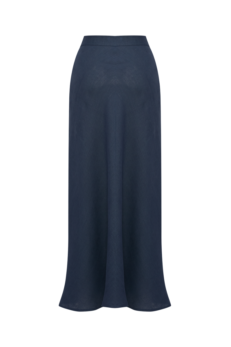 Labeca Clara Indigo linen maxi skirt displayed, featuring lightweight fabric and flowing design perfect for casual or elegant wear.
