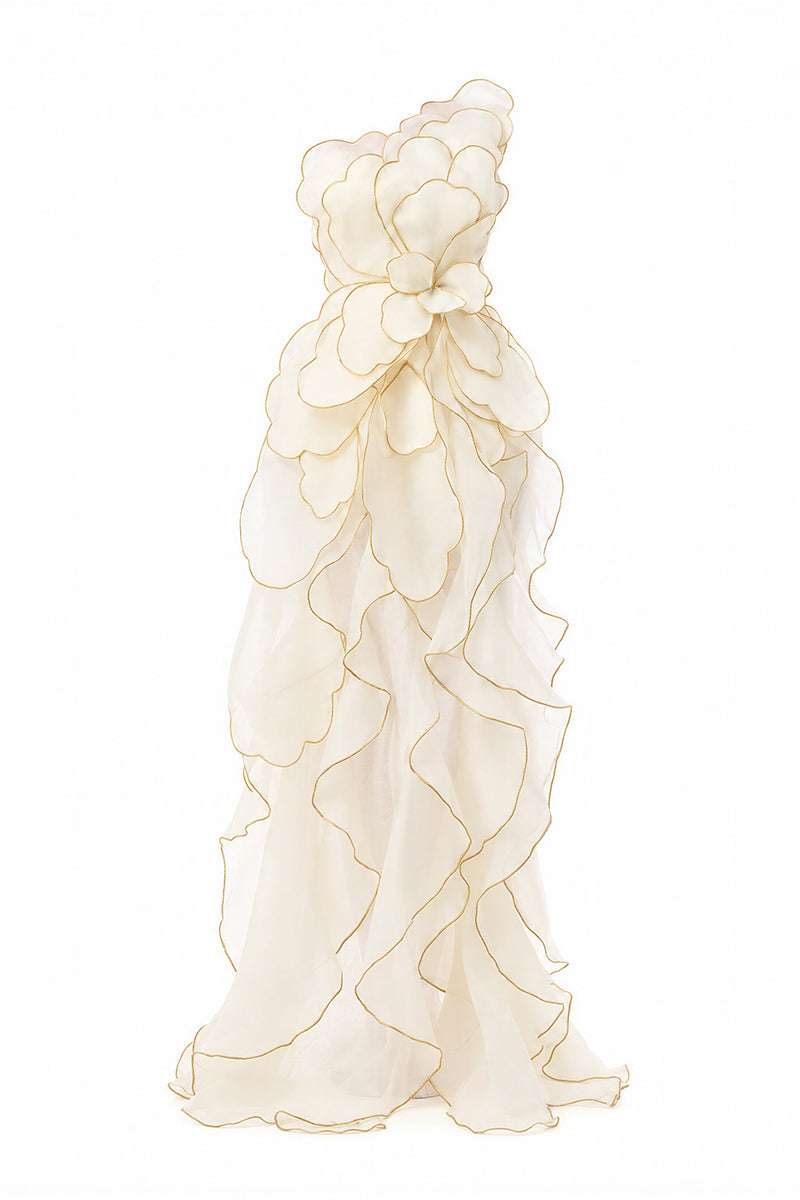 Elegant ivory sculpted petal gown by Happy Clothing, featuring intricate detailing and flowing fabric for a sophisticated look.