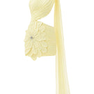 Yellow ruched cutout mini dress with 3D floral cape detail from Happy Clothing, featuring a stylish, vibrant design.