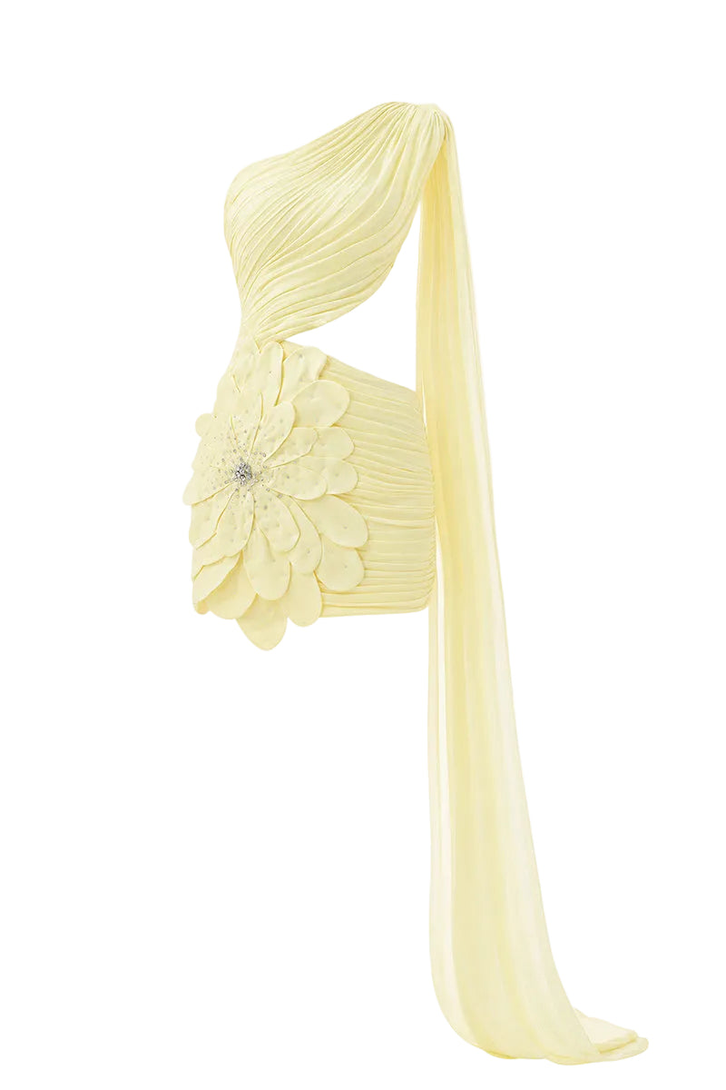 Yellow ruched cutout mini dress with 3D floral cape detail from Happy Clothing, featuring a stylish, vibrant design.