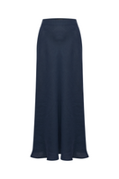 Labeca Clara Indigo linen maxi skirt displayed on a model, featuring a flowing design and elegant length.
