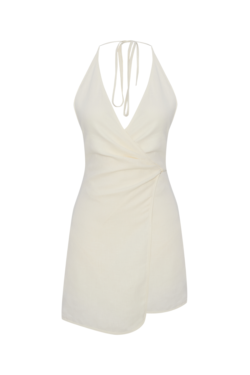SADIE ECRU LINEN WRAP MINI DRESS - CULT MIA