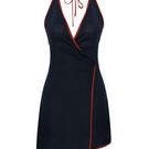 Navy linen wrap mini dress by Labeca featuring a fitted waist and short sleeves, designed for casual and summer wear.