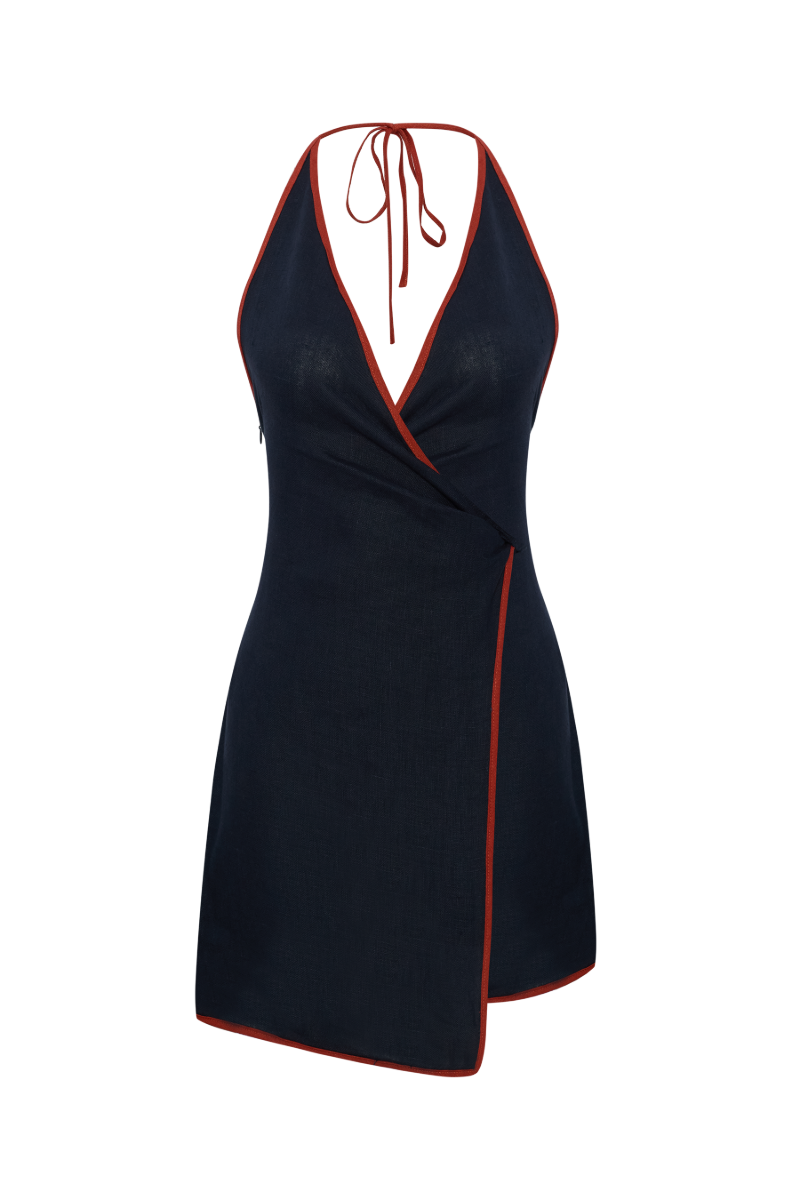 SADIE NAVY LINEN WRAP MINI DRESS - CULT MIA