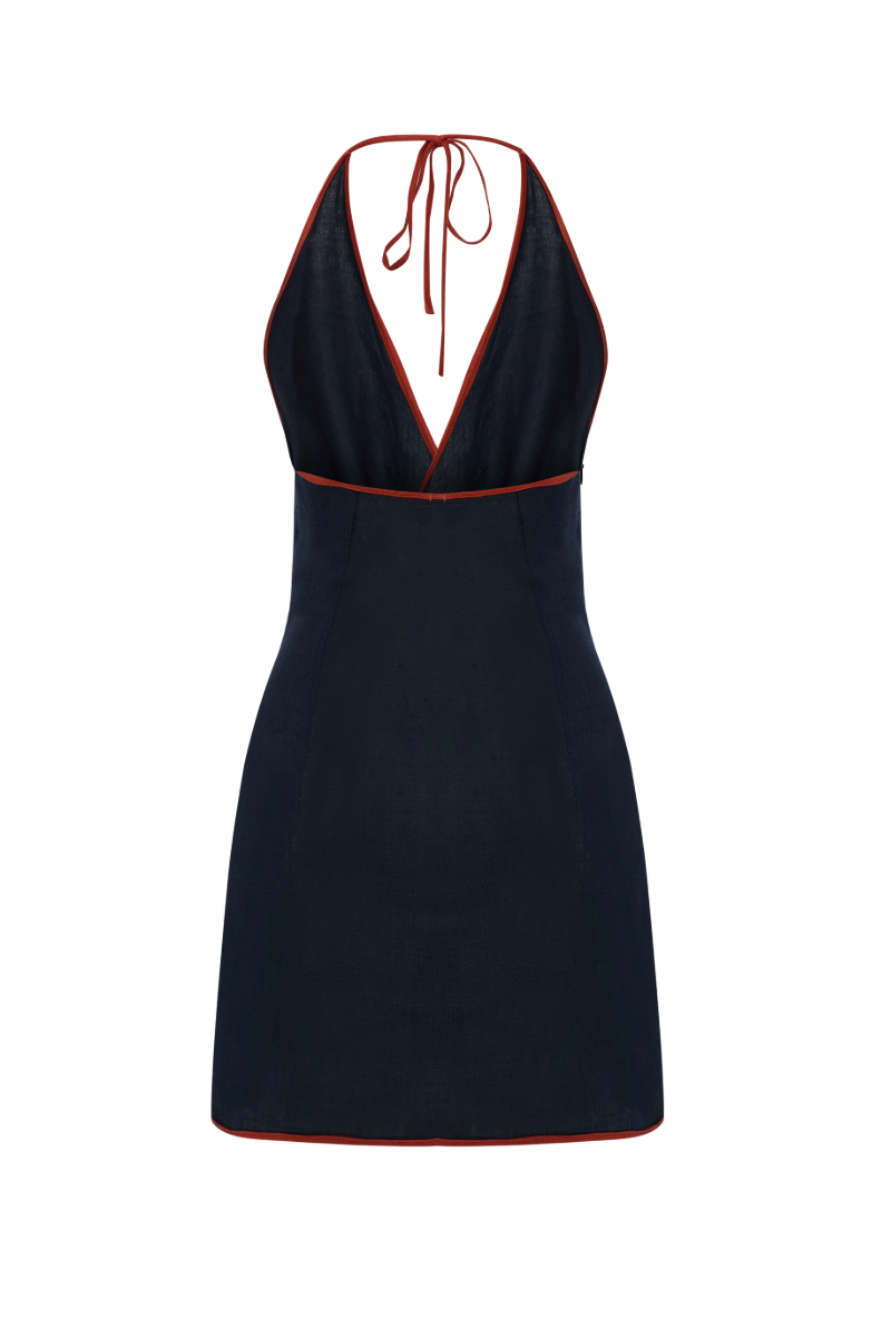 Labeca Sadie Navy Linen Wrap Mini Dress displayed on a model, featuring a stylish navy linen fabric and a flattering wrap design.