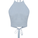 Labeca Polly Dusty Blue backless crop top displayed on a hanger, showcasing its stylish design and vibrant color.