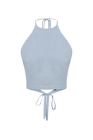 Labeca Polly Dusty Blue backless crop top displayed on a hanger, showcasing its stylish design and vibrant color.