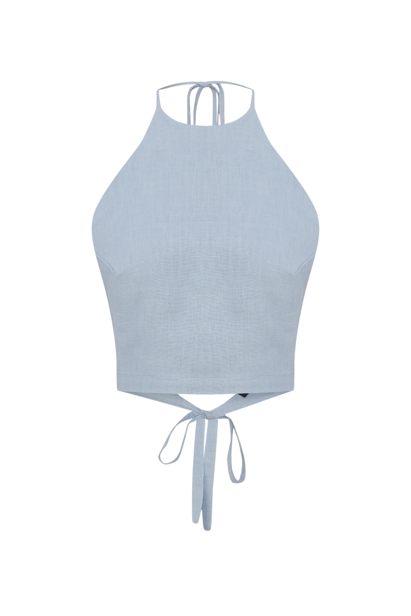 Labeca Polly Dusty Blue backless crop top displayed on a hanger, showcasing its stylish design and vibrant color.