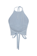 Polly Dusty Blue Backless Crop Top by Labeca, featuring a stylish backless design and cropped fit in soft blue fabric.