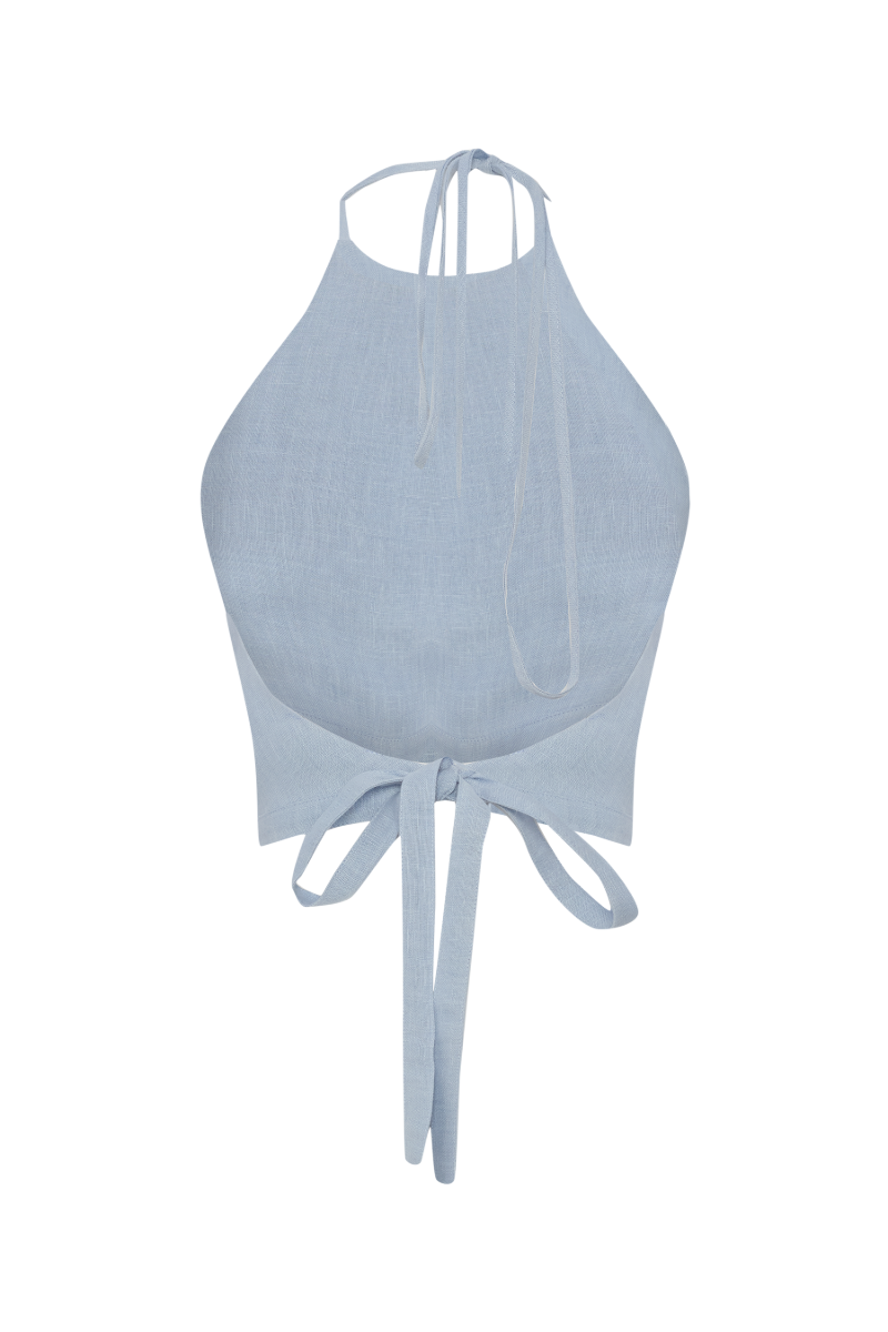 Polly Dusty Blue Backless Crop Top by Labeca, featuring a stylish backless design and cropped fit in soft blue fabric.