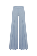 Polly Dusty Blue Linen Open Flare Pants by Labeca, featuring lightweight, breathable fabric and a stylish flared design.