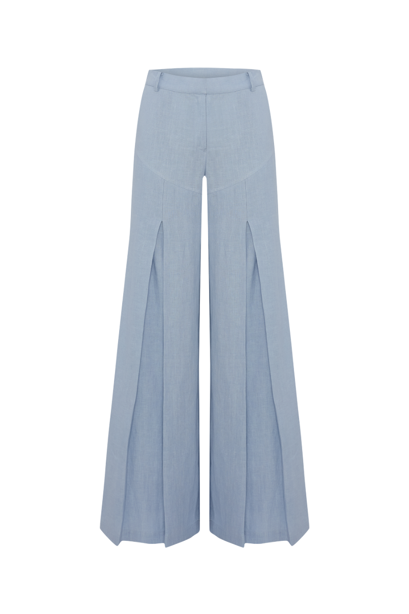 Polly Dusty Blue Linen Open Flare Pants by Labeca, featuring lightweight, breathable fabric and a stylish flared design.