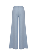 Labeca Polly Dusty Blue Linen Open Flare Pants with high waist and flowy fit, shown on a plain background.