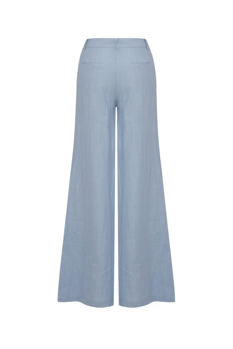 Labeca Polly Dusty Blue Linen Open Flare Pants with high waist and flowy fit, shown on a plain background.