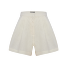 Labeca Claudia ecru linen flare shorts displayed on a model, featuring a relaxed fit and lightweight breathable fabric.