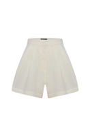 Labeca Claudia ecru linen flare shorts displayed on a model, featuring a relaxed fit and lightweight breathable fabric.