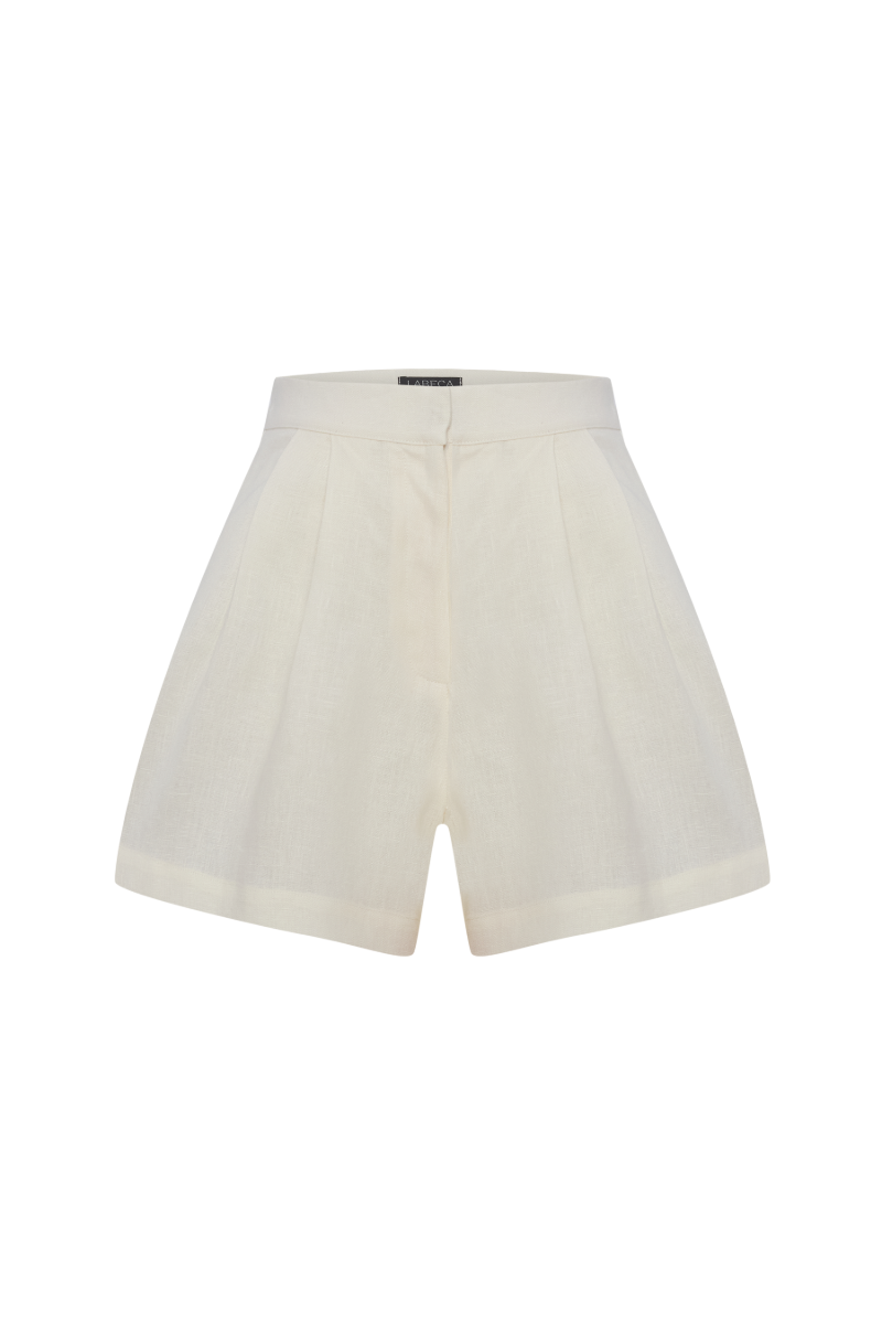 Labeca Claudia ecru linen flare shorts displayed on a model, featuring a relaxed fit and lightweight breathable fabric.