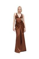 Chocolate brown BEYZA gown by MOON / HAKAN YILDIRIM, elegant evening dress with flowing fabric and sophisticated design.