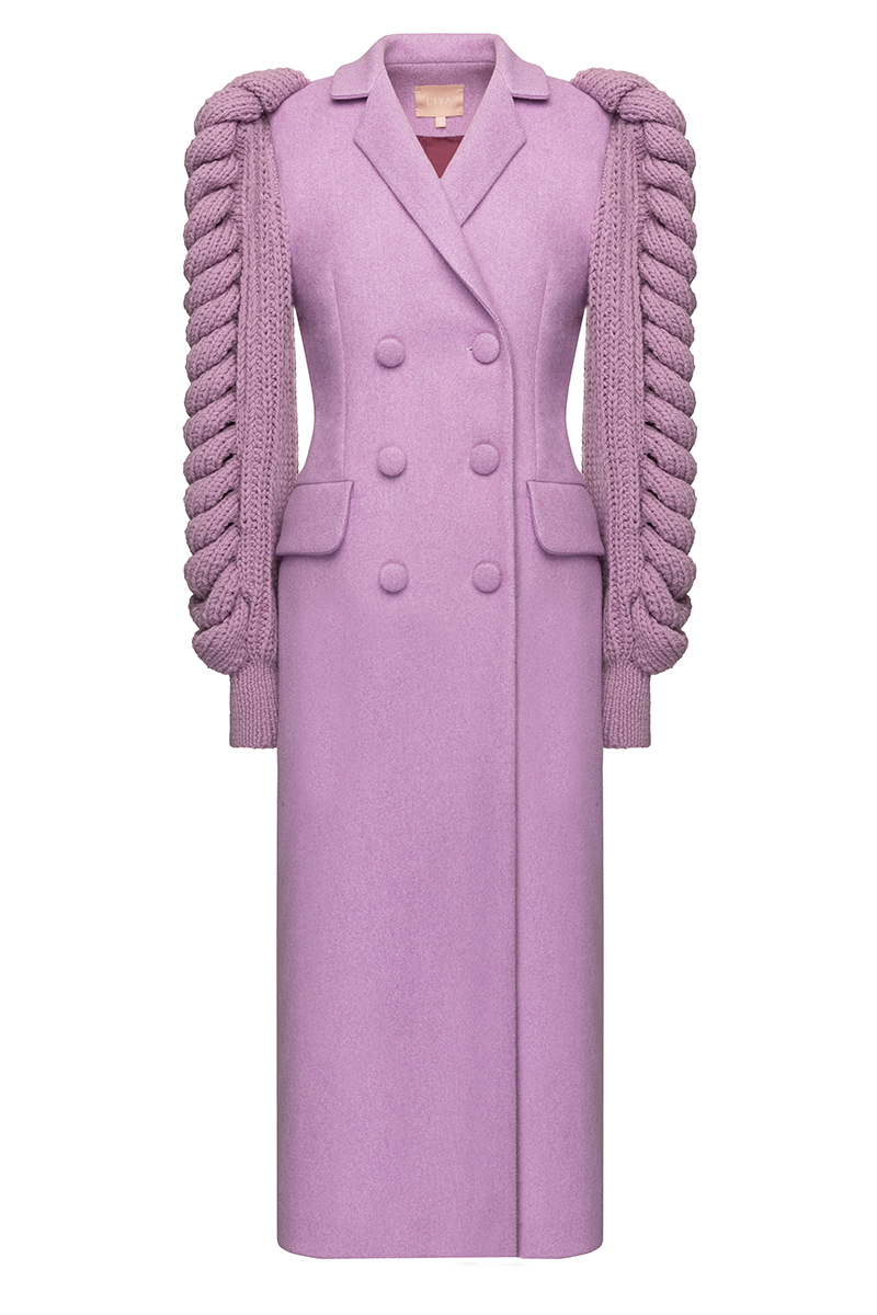 Liya statement sleeves coat in soft lilac color, stylish long coat with dramatic sleeve details, perfect for fall and winter.