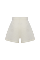 Labeca Claudia Ecru Linen Flare Shorts showing high-waisted design and lightweight, breathable linen fabric.