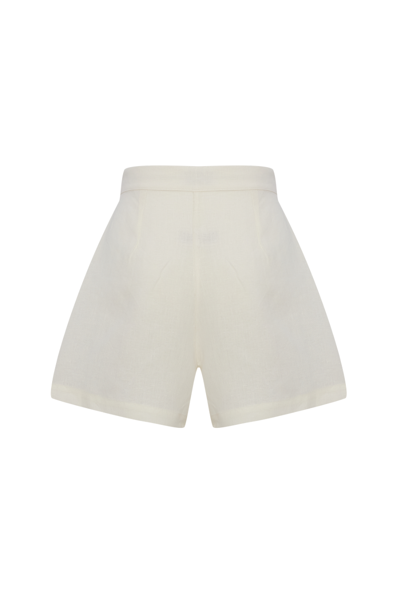 Labeca Claudia Ecru Linen Flare Shorts showing high-waisted design and lightweight, breathable linen fabric.