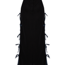 Labeca Carolina black linen bow midi skirt displayed with a high waist and bow detail, showcasing a stylish and elegant midi length design.