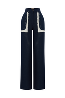 Labeca Harley navy linen fringe pocket pants with relaxed fit and stylish design, featuring side pockets and fringe detailing.