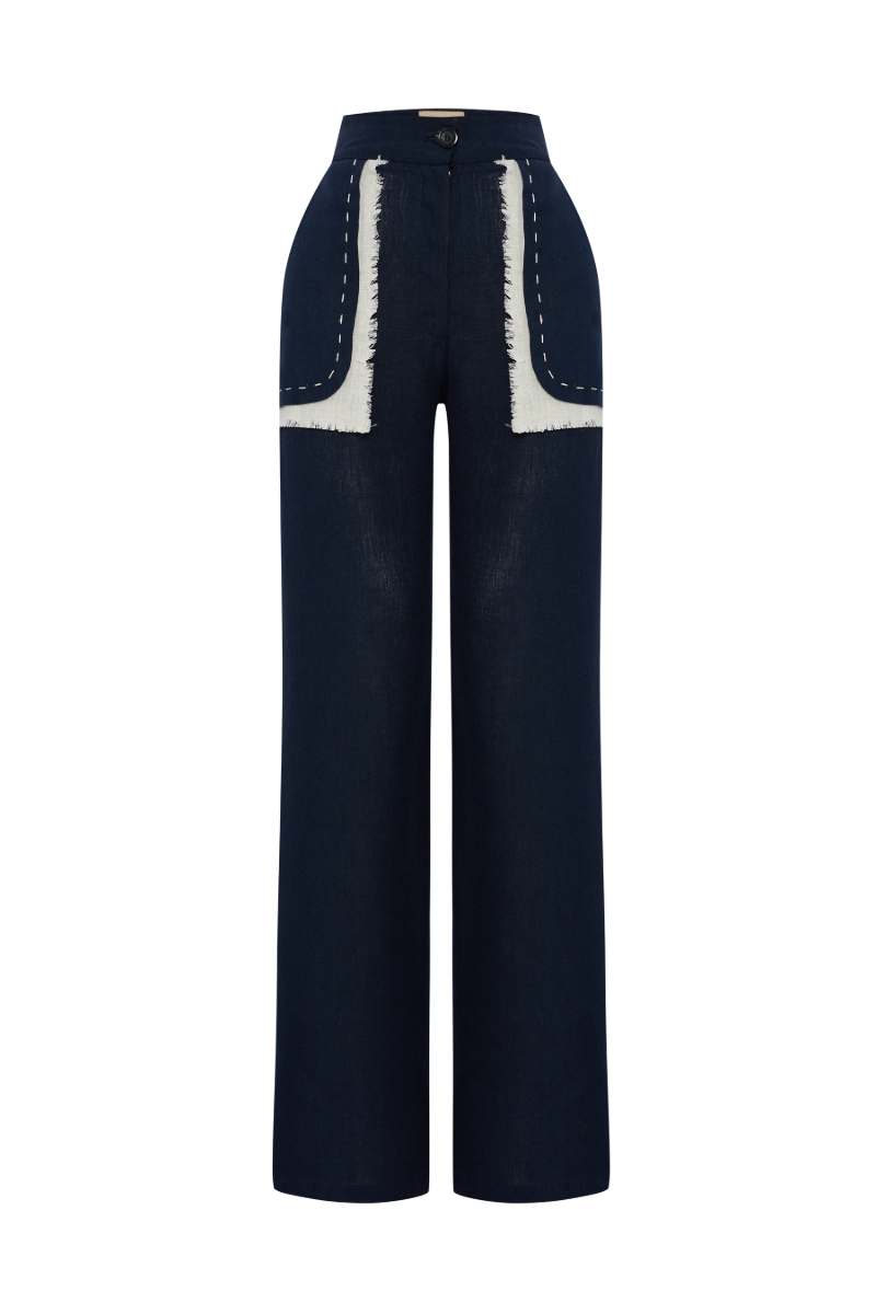 Labeca Harley navy linen fringe pocket pants with relaxed fit and stylish design, featuring side pockets and fringe detailing.