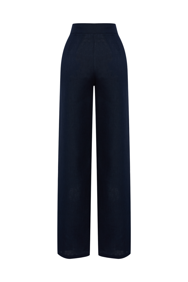 Labeca Harley navy linen fringe pocket pants with relaxed fit and stylish design, perfect for casual wear and comfort.