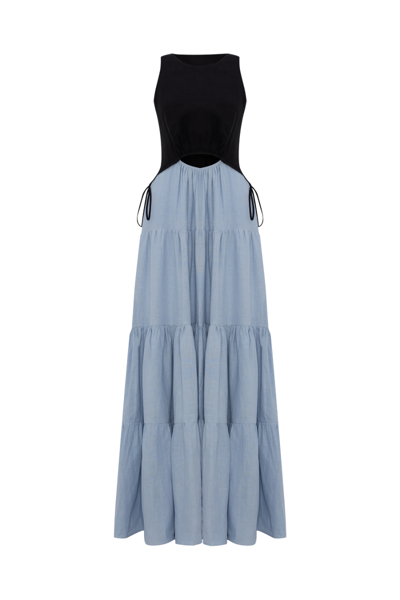 TAMSIN LINEN BLACK AND DUSTY BLUE SPLIT MAXI DRESS | CULT MIA
