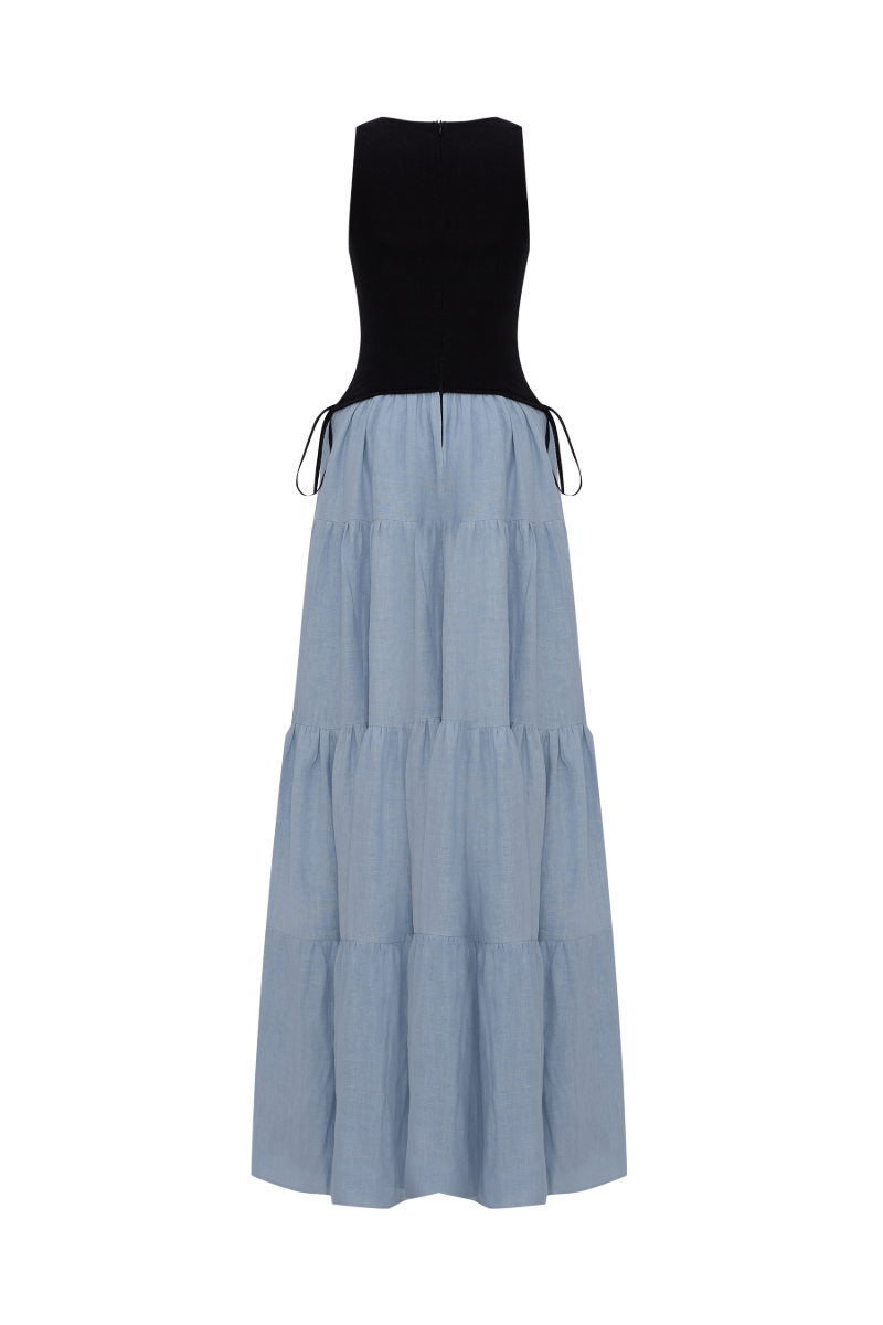 Labeca TAMSIN LINEN Black AND DUSTY BLUE SPLIT MAXI DRESS