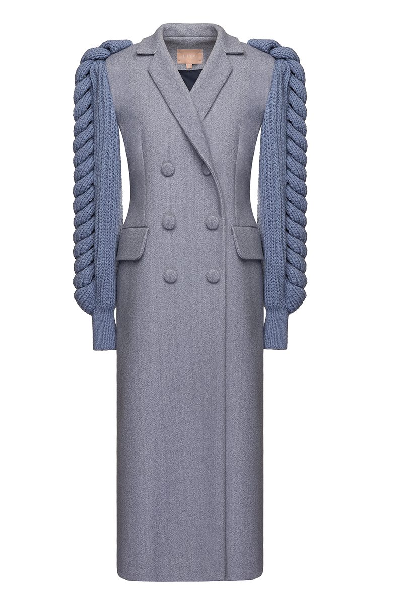 Liya statement sleeves coat in slate color featuring dramatic puffed sleeves and tailored design for a stylish look.