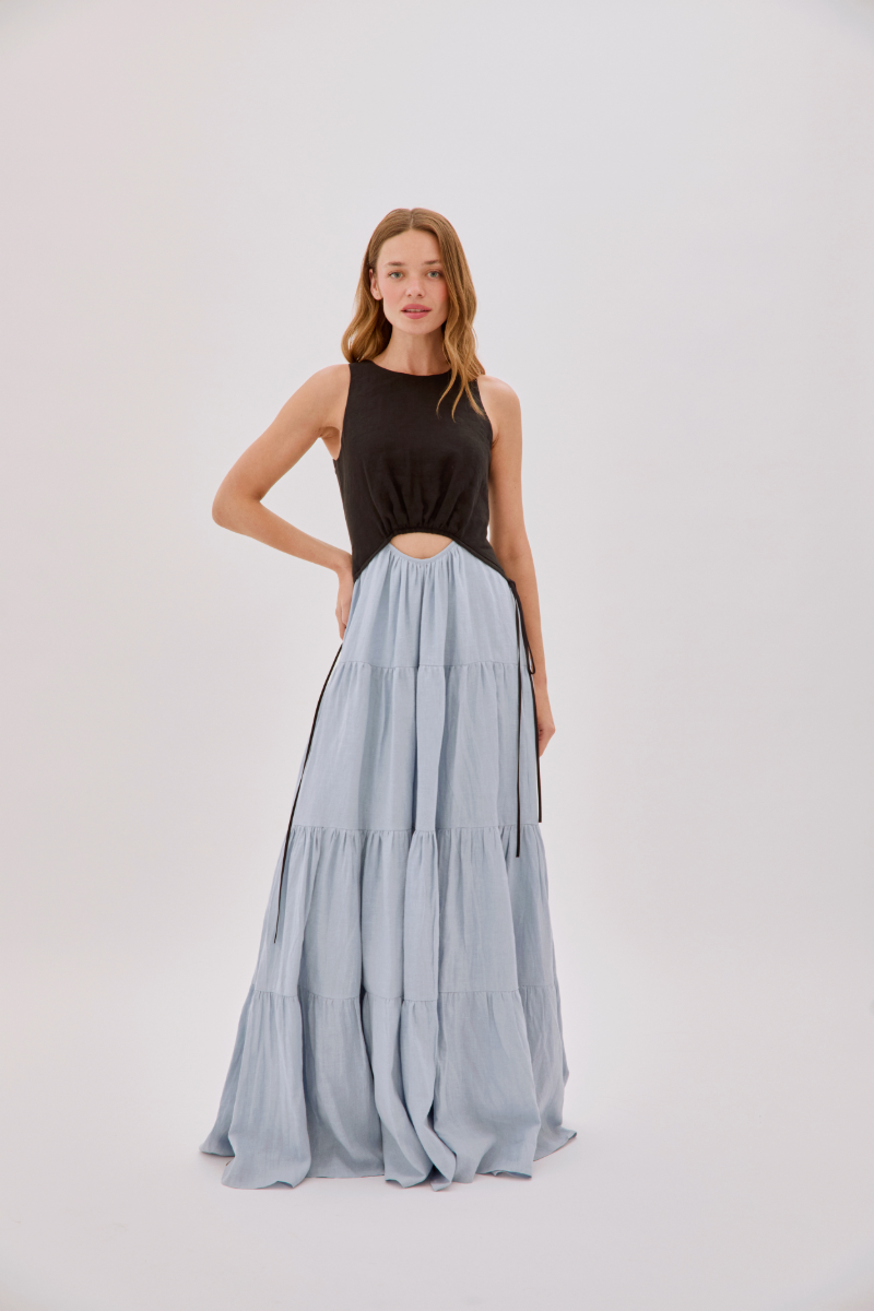 TAMSIN LINEN BLACK AND DUSTY BLUE SPLIT MAXI DRESS - CULT MIA