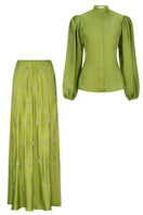 MASTANI Mazia twill shirt and Kabira embellished skirt co-ord set, featuring a stylish twill shirt and decorated skirt ensemble.