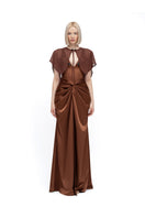 Chocolate brown BEYZA gown by MOON / HAKAAN YILDIRIM featuring elegant fabric and flowing silhouette.
