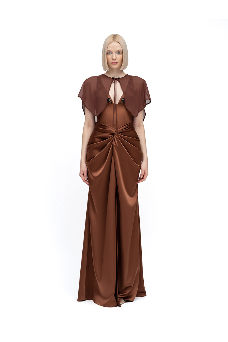 Chocolate brown Elva cape jacket by MOON / Hakaan Yildirim, featuring a stylish, flowing design perfect for layering.