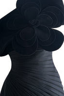 Black CULT MIA X HAPPY CLOTHING Lester A-line organza gown featuring a flowing silhouette and elegant design.