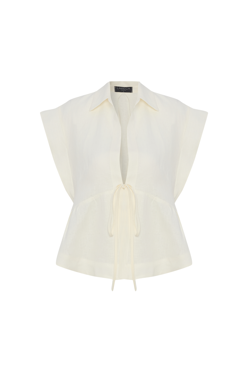 Labeca GALIA ecru linen tie short sleeve shirt, lightweight tops with a relaxed fit and button-up front, ideal for casual wear.