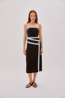 Labeca Elena strapless black linen tape midi dress displayed flat with adjustable straps and sleek, minimalist design.