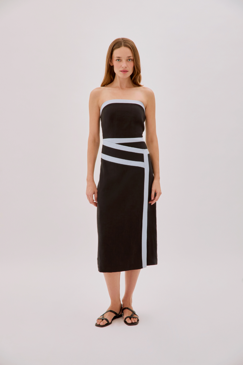 Labeca Elena strapless black linen tape midi dress displayed flat with adjustable straps and sleek, minimalist design.