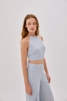 Labeca Polly Dusty Blue Linen Open Flare Pants, stylish relaxed-fit pants with wide flared legs and linen fabric.