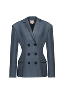 Liya double-breasted charcoal blazer, tailored fit with lapels and buttons, displayed on a hanger against a neutral background.