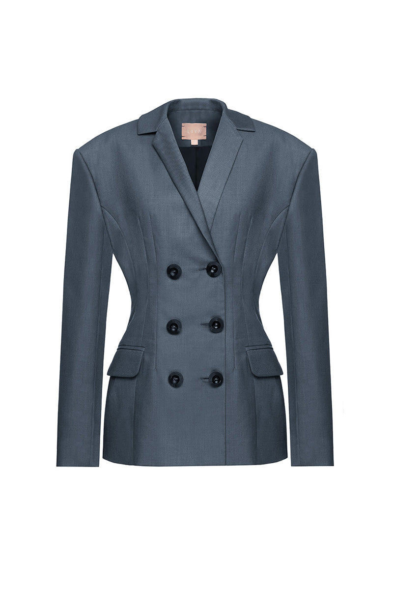 Liya double-breasted charcoal blazer, tailored fit with lapels and buttons, displayed on a hanger against a neutral background.