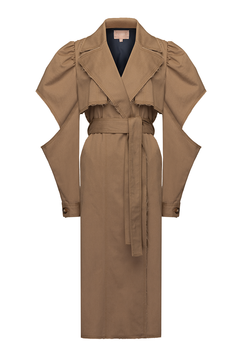 Liya belted puff-sleeve trench coat in beige with a waist belt and classic trench design, stylish and elegant outerwear.